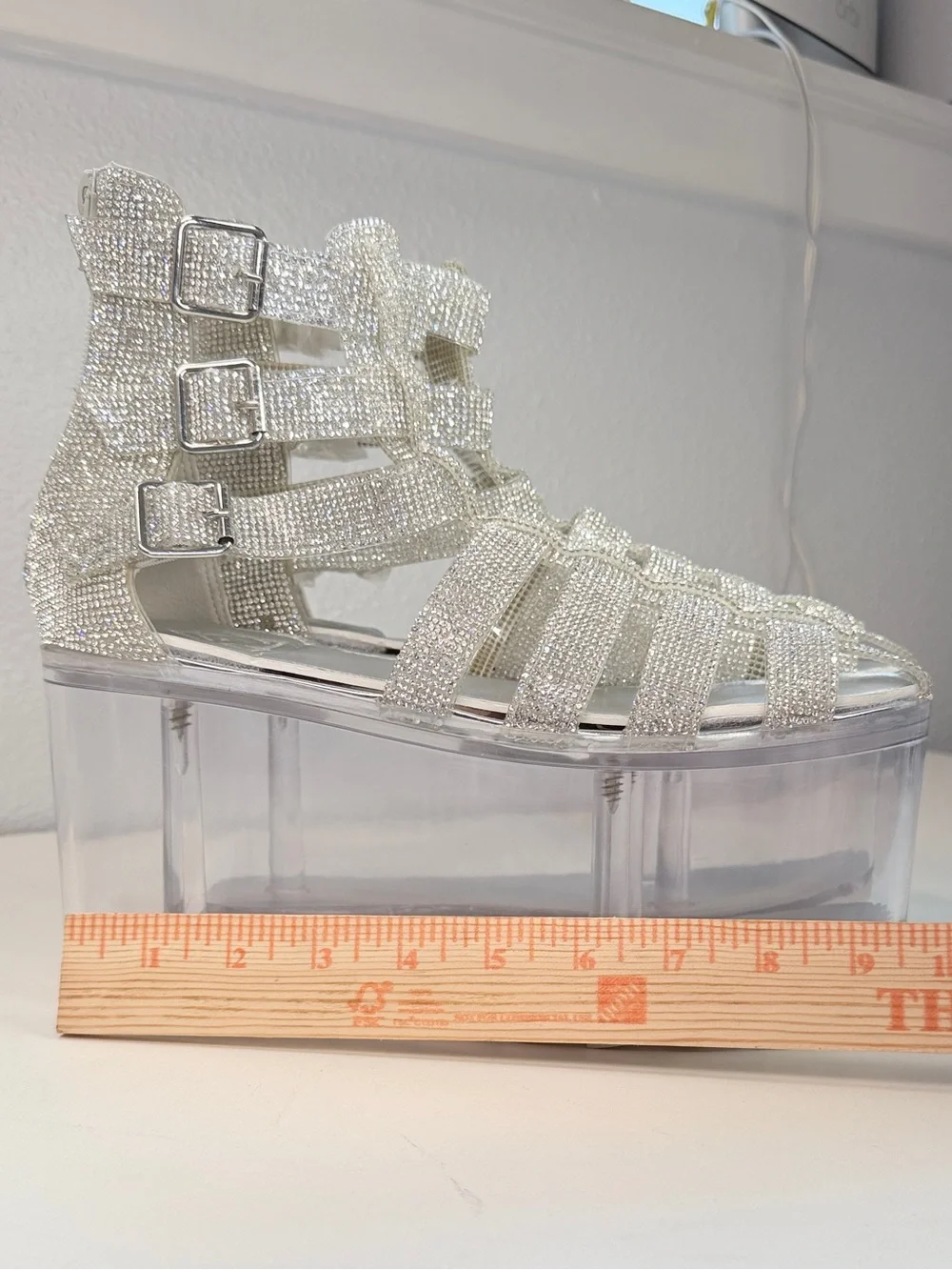 Rhinestone Sparkle Platform Sandals Clear Fillable bottom Shoes Size 9 Fun